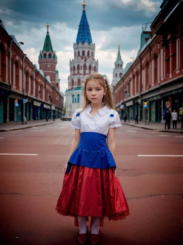  6  in a white, blue and red dress stands against the backdrop of Moscow&#39;s Red Square. summer. a high resolution. Primary colors: WHITE, BLUE, red.