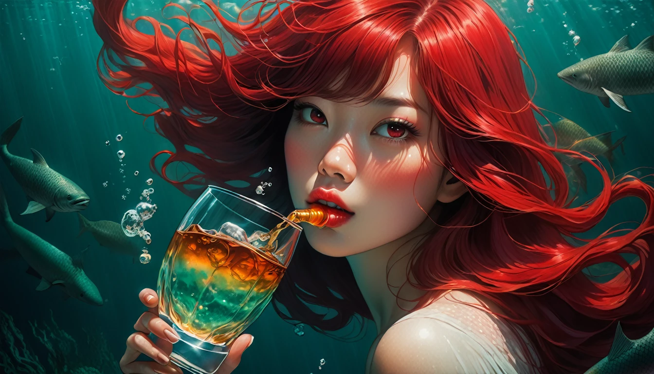 An illustration、art、80s Thai horror movie poster, Supervised by Junji Ito、(deep sea:1.2)、expensive 、Attention to detail, Realistic Shadows、Analog Style, chromatic aberration, Surrealism、Complementary Gradient、Red-haired mermaid drinking whiskey straight