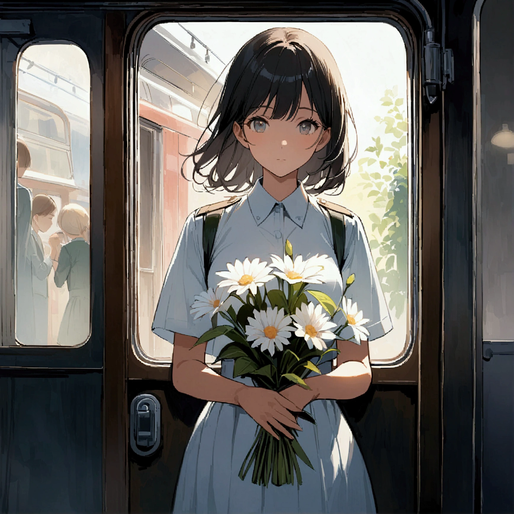 Focus on a woman riding alone on a train. Nostalgic. Farewell. Simple. Holding a white bouquet. Standing through the closed door window and looking straight at the camera. Woman in the center. Lonely atmosphere. Modern and up-to-date painting. Uniform light. Delicate and clear touch. Summer.