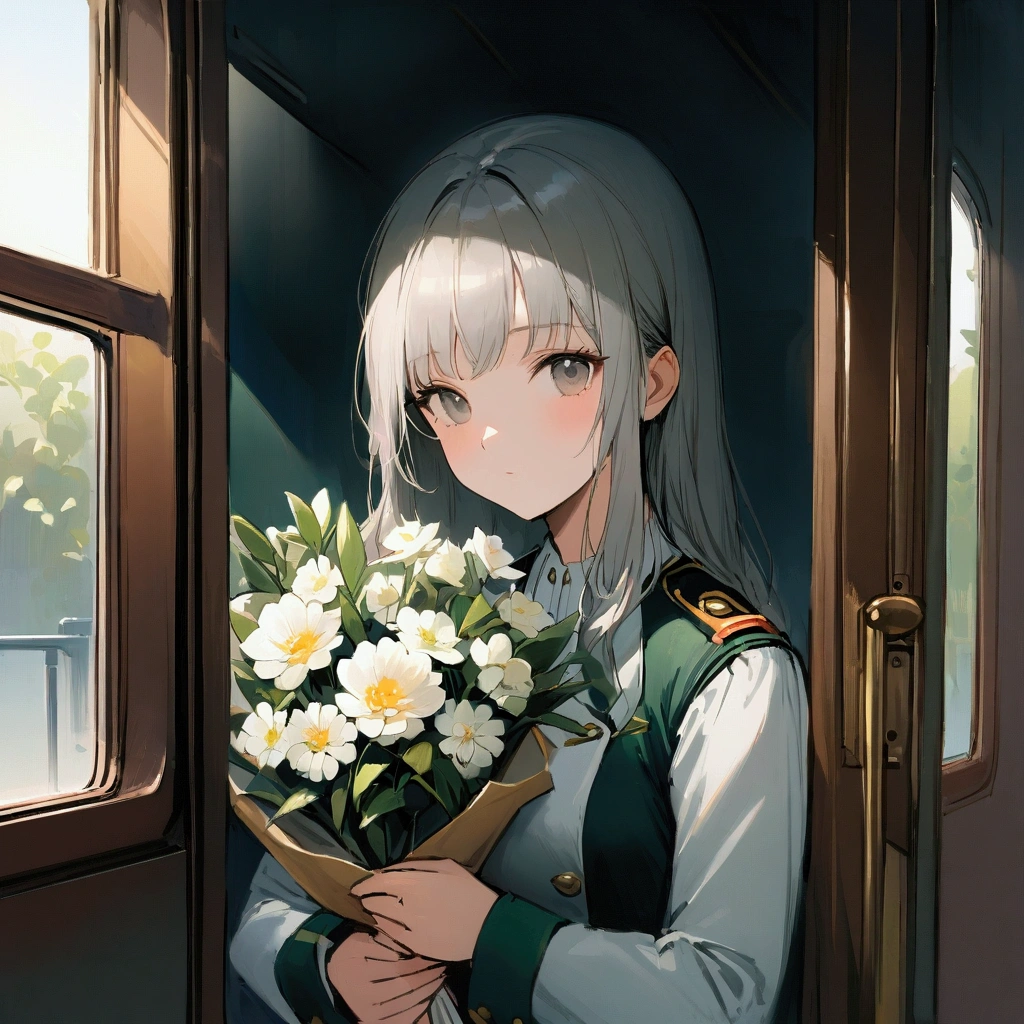 Focus on a woman riding alone on a train. Nostalgic. Farewell. Simple. Holding a white bouquet. Standing through the closed door window and looking straight at the camera. Woman in the center. Lonely atmosphere. Modern and up-to-date painting. Uniform light. Delicate and clear touch. Summer.