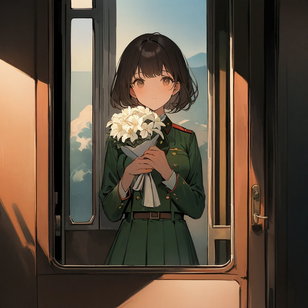 Focus on a woman riding alone on a train. Nostalgic. Farewell. Simple. Holding a white bouquet. Standing through the closed door window and looking straight at the camera. Woman in the center. Lonely atmosphere. Modern and up-to-date painting. Uniform light. Delicate and clear touch. Summer.