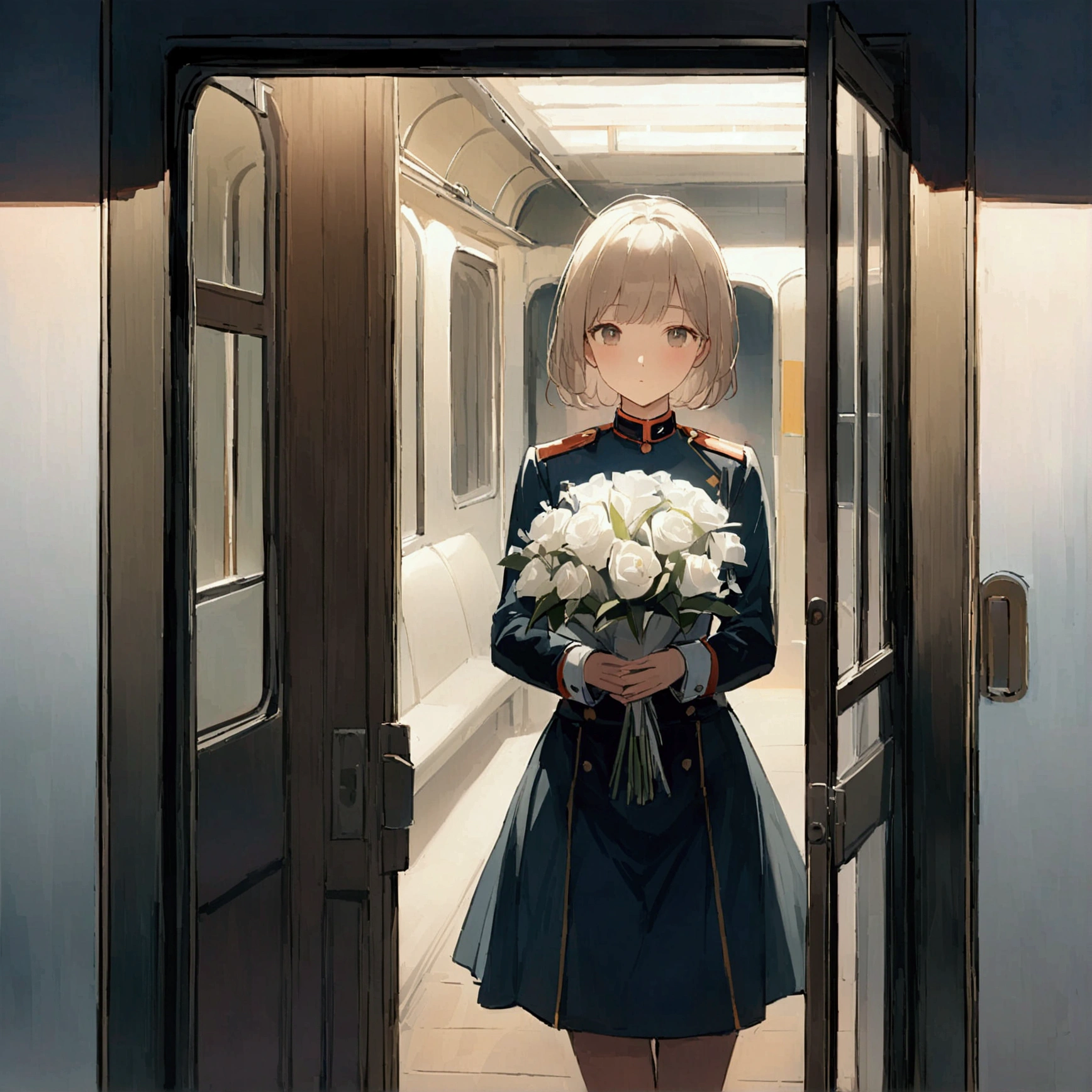 Focus on a woman riding alone on a train. Nostalgic. Farewell. Simple. Holding a white bouquet. Standing through the closed door window and looking straight at the camera. Woman in the center. Lonely atmosphere. Modern and up-to-date painting. Uniform light. Delicate and clear touch. Summer.