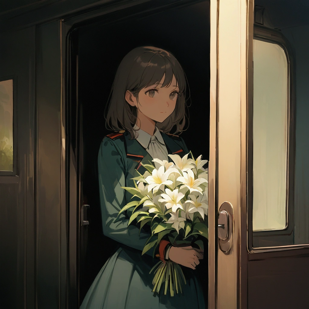 Focus on a woman riding alone on a train. Nostalgic. Farewell. Simple. Holding a white bouquet. Standing through the closed door window and looking straight at the camera. Woman in the center. Lonely atmosphere. Modern and up-to-date painting. Uniform light. Delicate and clear touch. Summer.