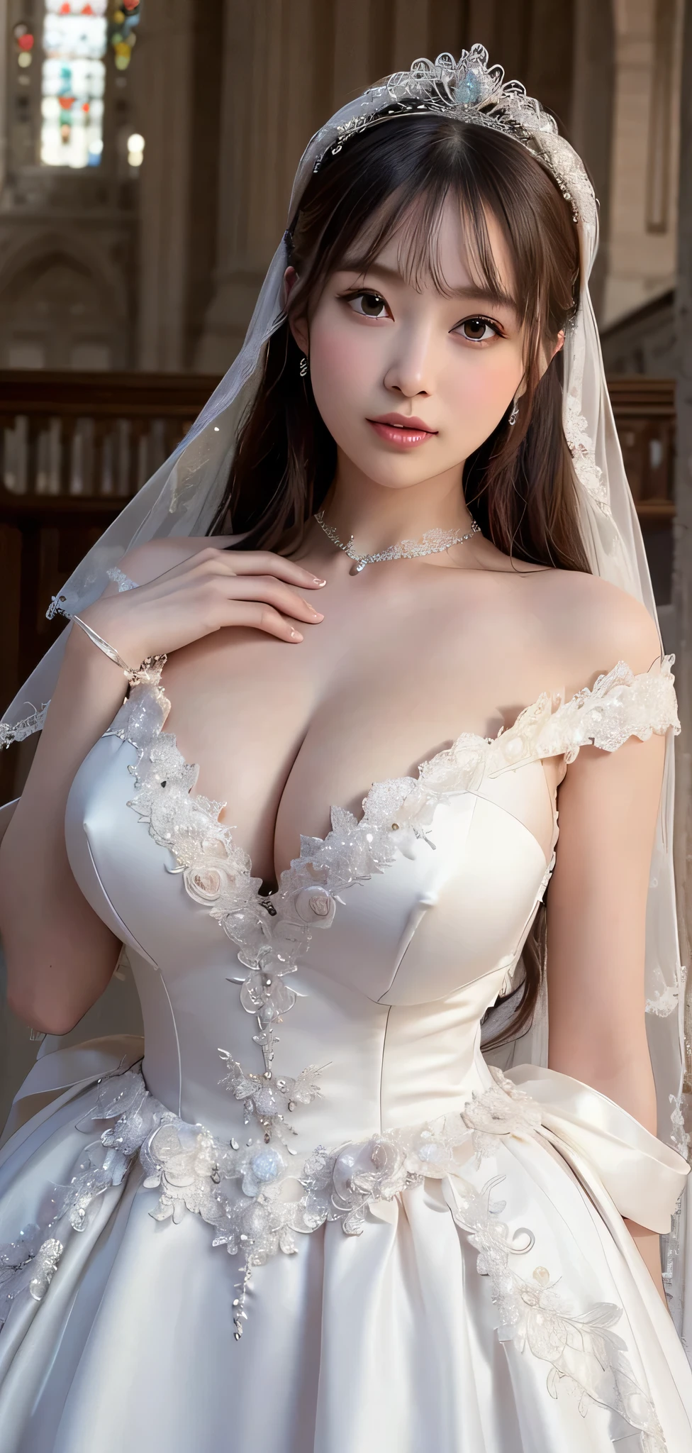 ((RAW images)),(Tabletop),(Highest quality, Realistic, In detail, High resolution, 8k wallpaper),(Super Detail),((Very delicate and beautiful)),Focus on the characters,Dynamic Angle,View your viewers,((alone)),Are standing,((whole body)),((A princess wearing a gorgeous ball gown wedding dress with a voluminous skirt)),((June Bride)),Detailed face and eyes,Jewel-like eyes,((Very long and voluminous hair)),Gorgeous embroidery and lace,((Gorgeous corsage)),See through,(Gorgeous Jewelry Ornaments),Luxury hair accessories,Gorgeous jeweled tiara,Gorgeous frills,((Big Tits)),indoor,Church wedding,((whole body)),Hoop skirt,crinoline,very long wedding veil,(((A mix of bejeweled wedding dresses and lavishly embroidered Rococo ball gowns))), (((Very large breasts bigger than a face)))