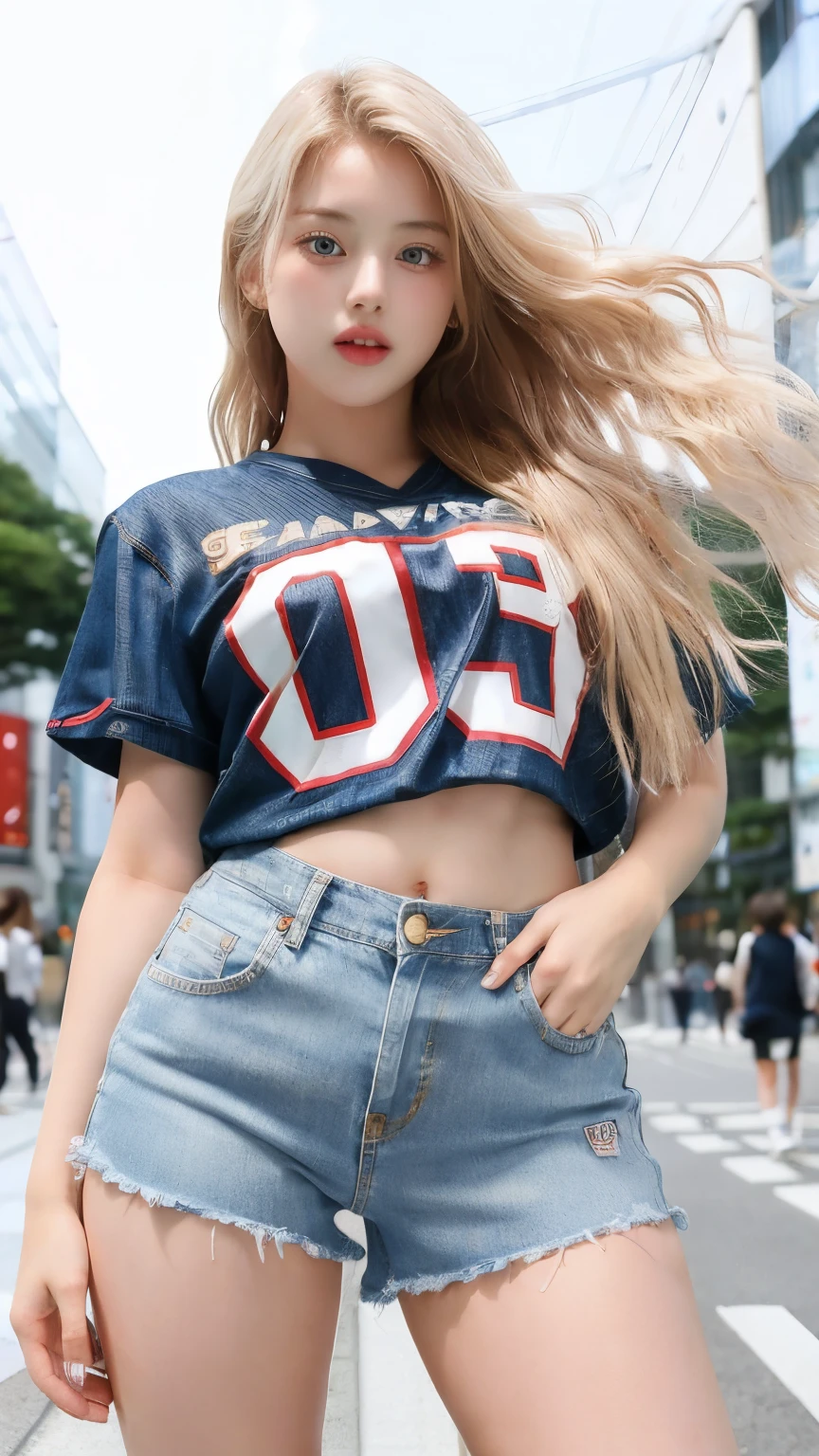 1 Girl, Beautiful, Thin Face, 20 Years Old, White Skin, Large Breasts, huge breast, wearing Football jersey, super shorts denim, Skinny, Posing For Photos in The city, Tokyo city, blonde hair, messy hair, ((adorable:1.1)), ((masterpiece:1.1)), dynamic poses, realistic, very realistic, full body figure, long legs, sexy thigh