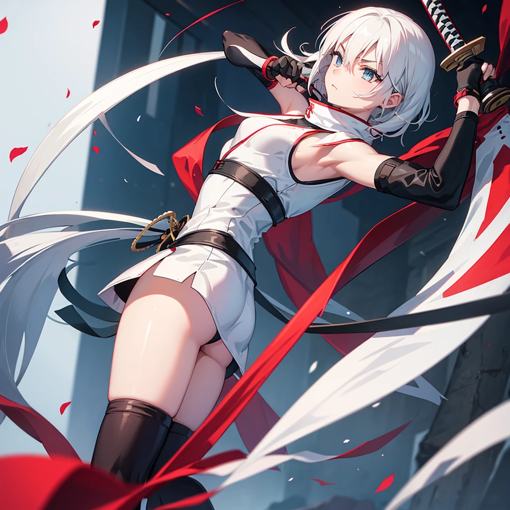 White hair anime ninja warrior with katana girl