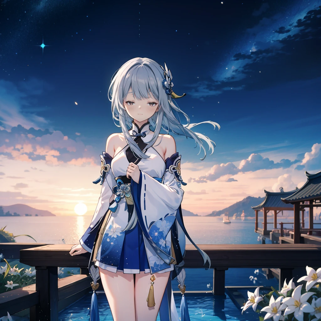 Masterpiece,best quality,4k,1girl,[((solo)),closed eyes, guizhong_\(genshin_impact\),(grey hair),short_hair_with_long_locks in front and low ponytail in back,gradient_hair,starry_sky_print,detached_sleeves white outside blue starry inside, hands completely hidden by long sleeves,stunning field of softly glowing cerulean and white glaze lilies,night scene,gentle smile
BREAK 
guizhong_genshin is a serene and mysterious woman, dressed in fluid clothes that seem to merge with the stardust around them. She is standing on a raised platform over the shimmering pool, with eyes closed in meditation,alone. Short skirt