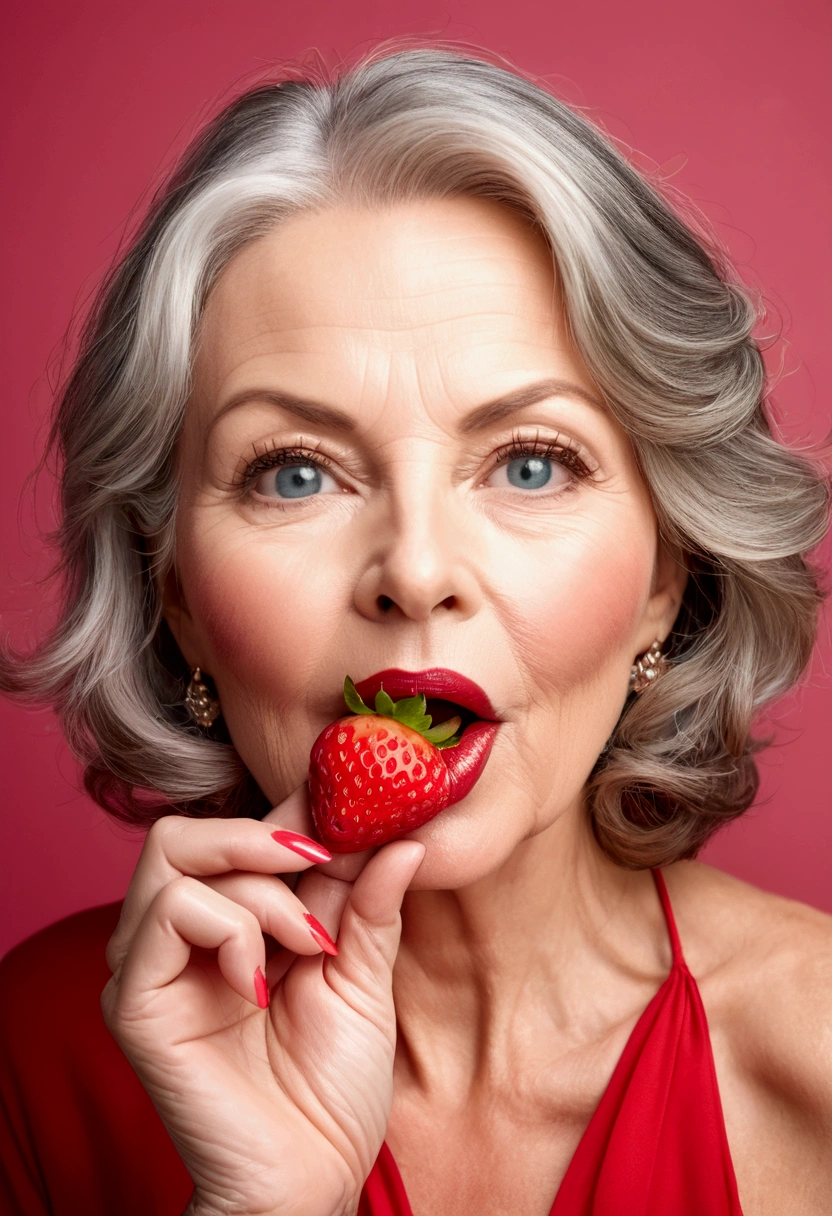 Beautiful mature woman holding a strawberry between her lips