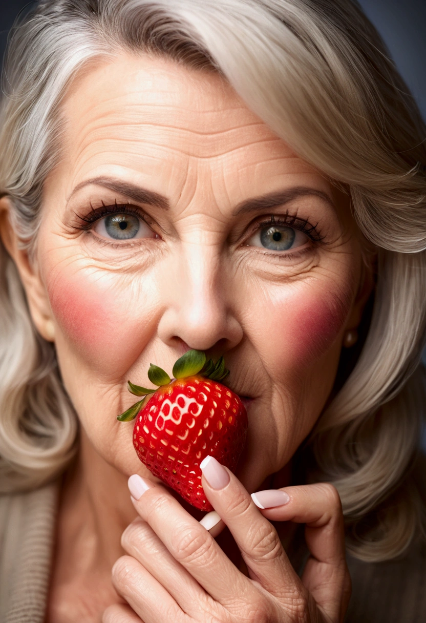 Beautiful mature woman holding a strawberry between her lips