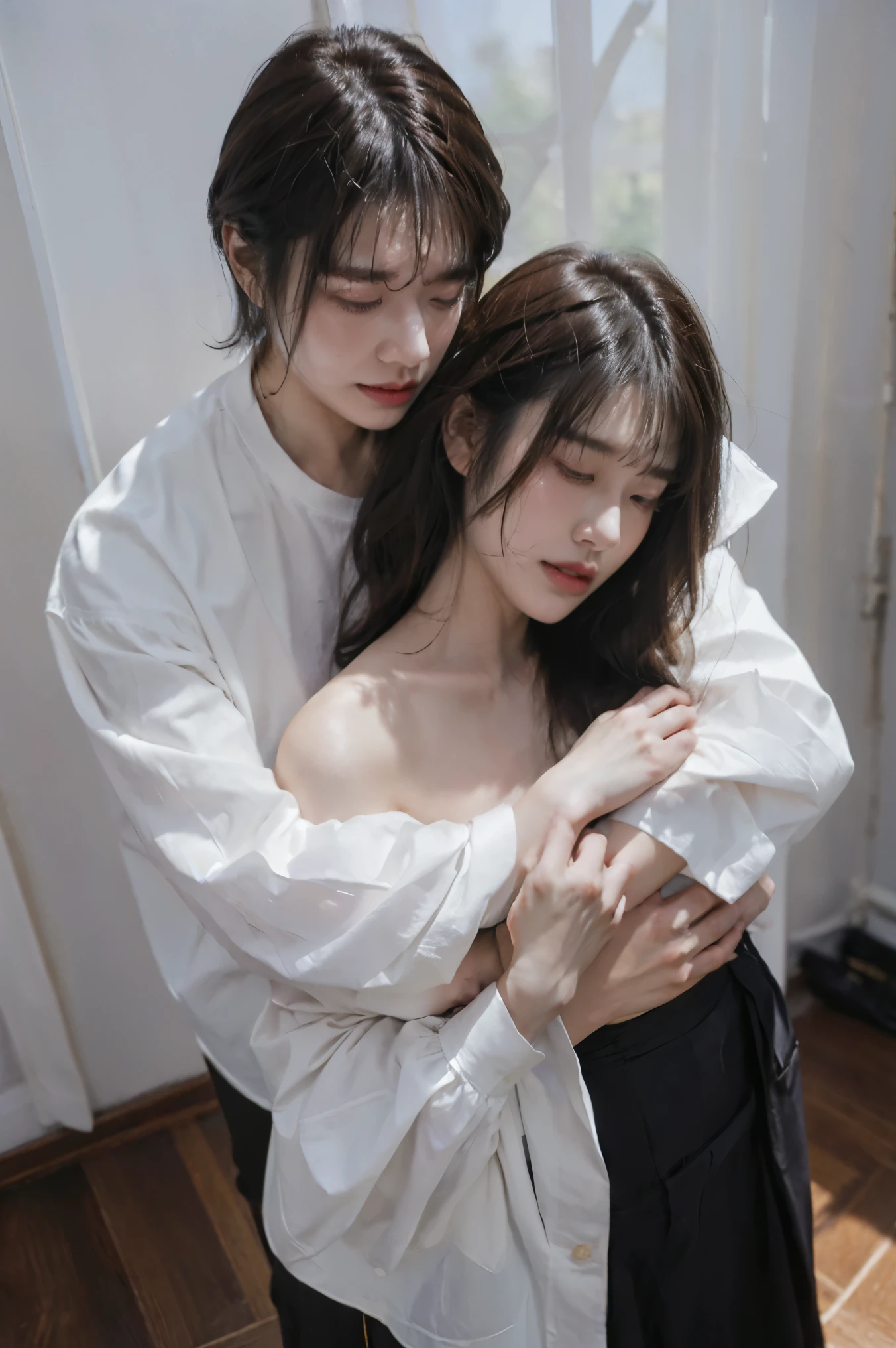 masterpiece, original photo, 21-year-old Korean couple, woman with long brown hair, wearing a white shirt that reveals one shoulder, posing standing in front of the mirror. man wearing a white shirt, short messy hair, handsome. man hugging woman from behind (kissing shoulder), The girl looks tired, (tired), (sweat:0.5), (wet clothes:0.5), (wet hair:0.5), (from above:1.3)