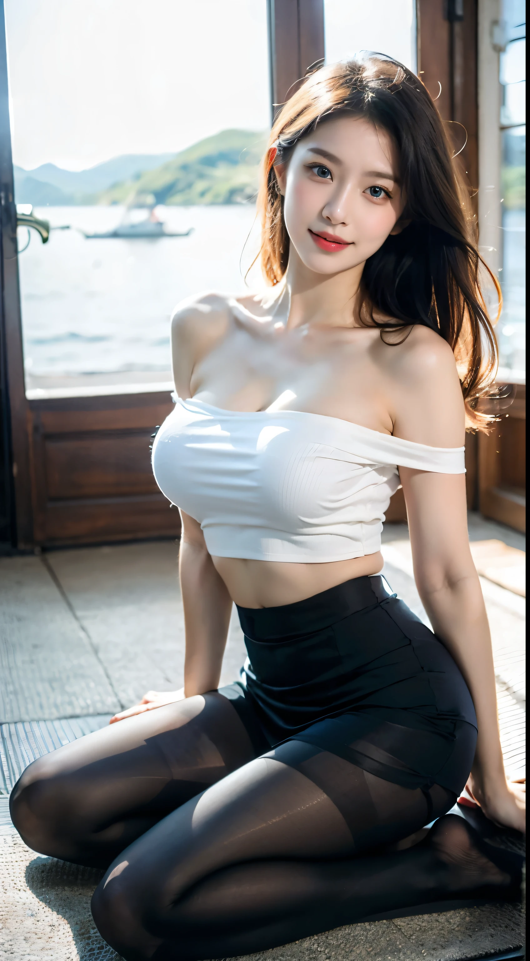 Ulzzang-6500-v1.1, (RAW photos:1.2), (realistic), (bona fide:1.4), 1A woman with、very cute girl、16 years old、Gyeongju_Queen、charming smile、sea blue eyes(Eye Details), shy smile、Various off-shoulder tube top and miniskirt sets:1.3)、high heel, (very realistic pantyhose:1.3), Curly hair、realistic skin texture、glowing skin、bare thighs!!! , assembly、eye shadow、