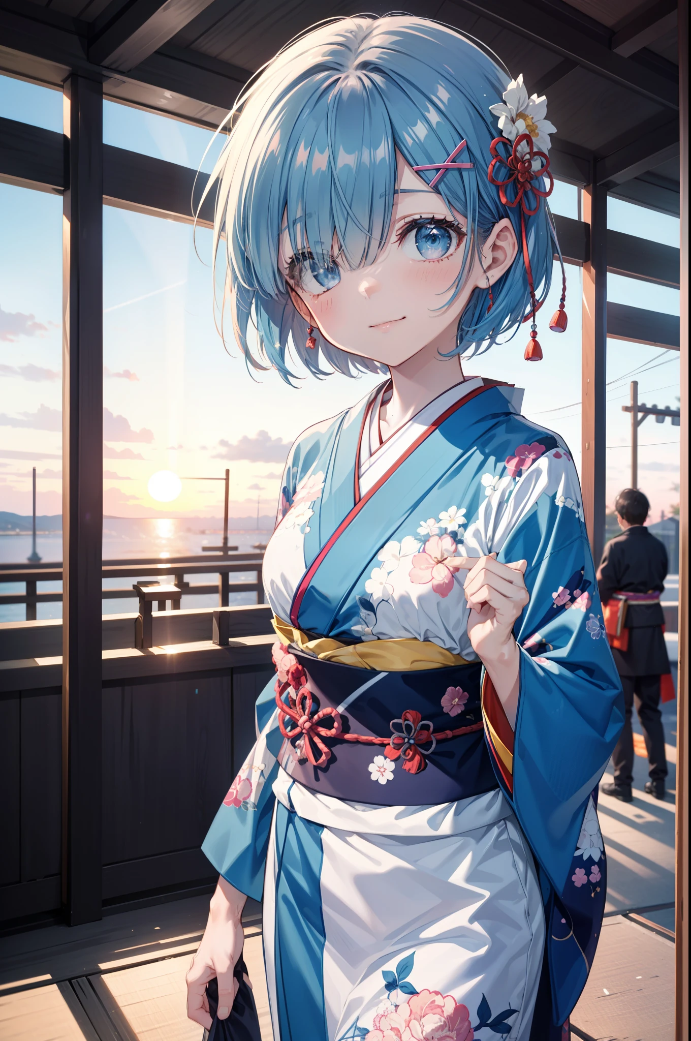 rezeroRem, Rem, blue eyes, Blue Hair, hair ornaments, Hair on one eye, hair ribbon, short hair, x hair ornaments,Blue Kimono,smile,blush,Open your mouth,whole bodyがイラストに入るように,evening,sunset,The sun is setting,日本のfestival,夏festivalの屋台,Red lantern,
break outdoors, festival,
break looking at viewer,whole body, (Cowboy Shot:1. 5),
break (masterpiece:1.2), Highest quality, High resolution, unity 8k wallpaper, (figure:0.8), (Beautiful attention to detail:1.6), extRemely detailed face, Perfect lighting, extRemely detailed CG, (Perfect hands, Perfect Anatomy),