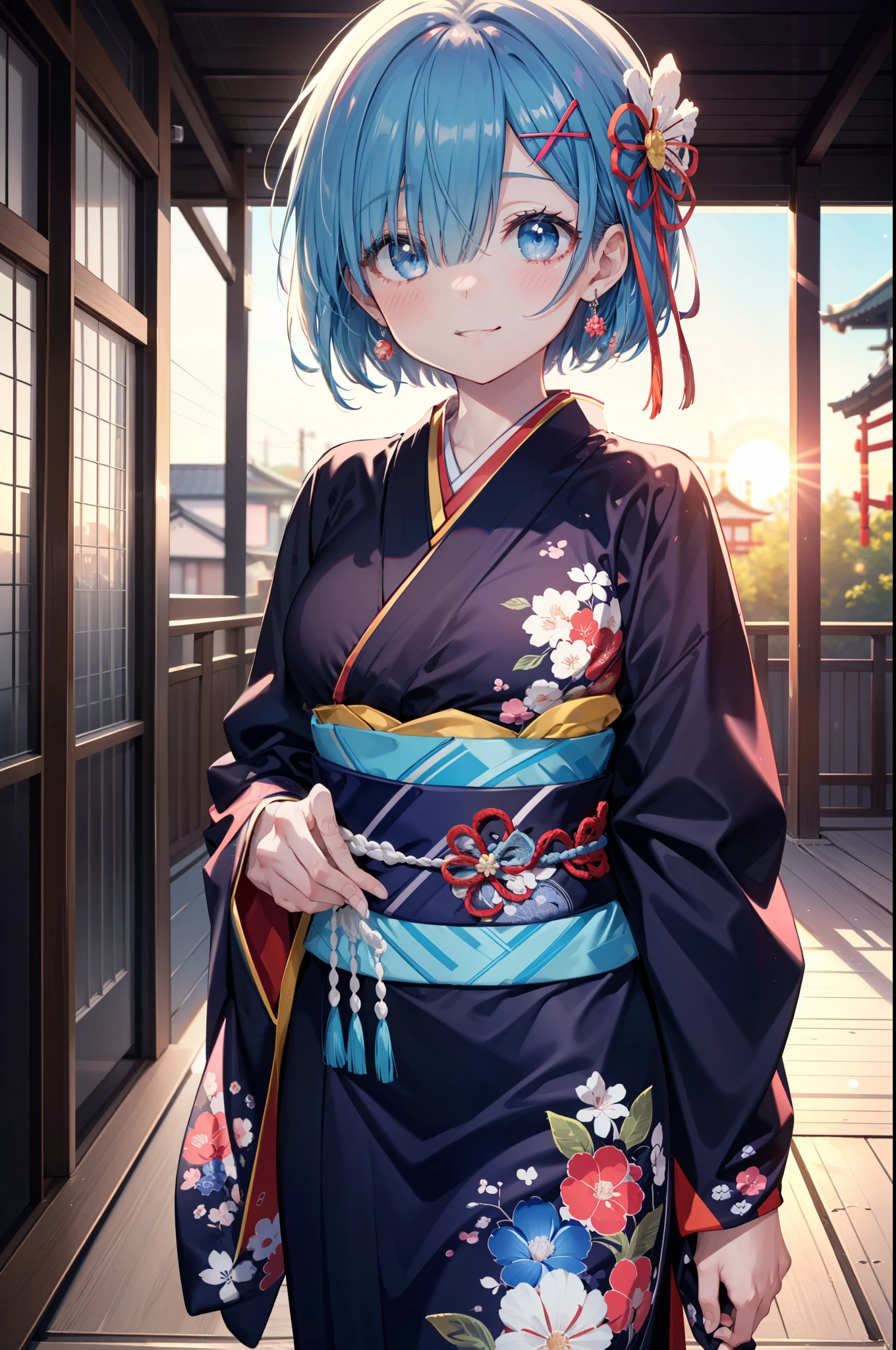 rezeroRem, Rem, blue eyes, Blue Hair, hair ornaments, Hair on one eye, hair ribbon, short hair, x hair ornaments,Blue Kimono,smile,blush,Open your mouth,whole bodyがイラストに入るように,evening,sunset,The sun is setting,日本のfestival,夏festivalの屋台,Red lantern,
break outdoors, festival,
break looking at viewer,whole body, (Cowboy Shot:1. 5), 
break (masterpiece:1.2), Highest quality, High resolution, unity 8k wallpaper, (figure:0.8), (Beautiful attention to detail:1.6), extRemely detailed face, Perfect lighting, extRemely detailed CG, (Perfect hands, Perfect Anatomy),