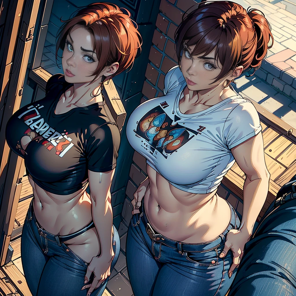 (High Resolution, Pixel Perfect, Gorgeous Illustration), (Ultra High Definition, Masterpiece, Spiritual: 1.4), Single Woman, (Breast Tightness: 1.3), (Slut 1.25), ((( T-shirt) ))), (No bra), (Real: 1.8), (Real: 1.4), (Unreasonable: 1.4), 8K, high definition, beautiful and delicate adult face, (Single: 1.4), (Red Honey) hair, (((Pixie) cut))), 1 female, 35 years old, (Face viewer: 1.25), Intricate body details, (Mature woman: 1.6), (Curves: 1.35), Mexican woman standing on balcony , bulge, provocative, wearing blue jeans, fitness model, thick body, superhero, bodybuilder, ((((carmelt))), mischievous face, upper body, bright facem、((Back view))((looking down))