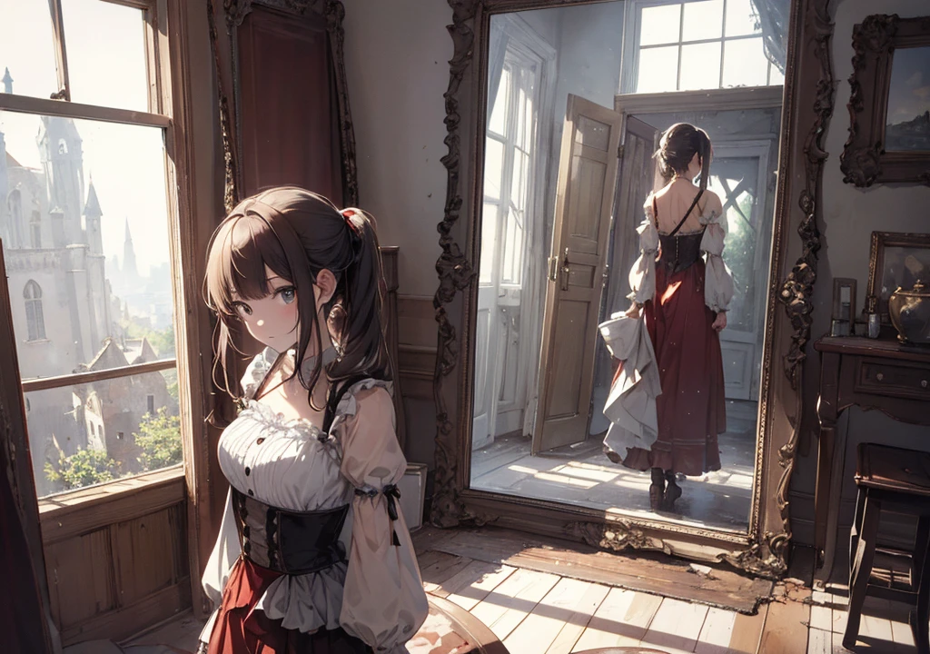 Realistic photos, Focus distance 10mm, Red and white, Beautiful girl, Realistic photos, Shooting at focus distance 10mm, masterpiece, 最high quality, high quality, Very detailed CG 8k wallpaper unit, Award-winning photography, Depth of written boundary, High resolution, bloom, chromatic aberration, Realistic, Very detailed, Art Station Trends, CGsociety Trends, Complex, High detail, dramatic, Art on the go, volumetric lighting, In an abandoned castle, a beautiful girl stands in front of a large window, gazing at the thunderstorm outside. Behind her is an old mirror, in which a ghost appears
A beautiful girl standing in front of a large window in an abandoned castle, staring at the thunderstorm outside. Behind her, an old mirror reflects a ghost