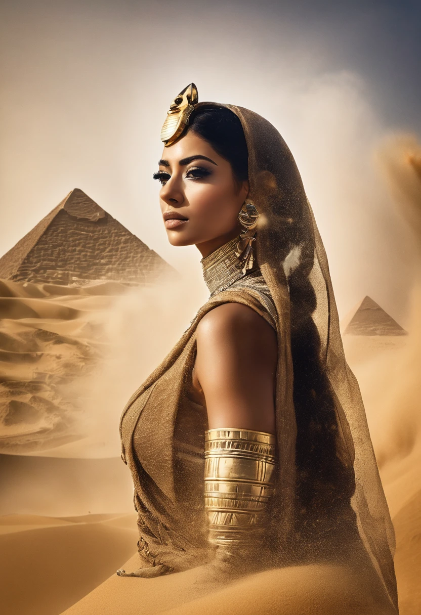 Sands of time, double exposure, layering one on top of the other, sandstorm, beautiful face of the Egyptian queen, glass, wind, pyramids, sphinx, professional photo, sfumato, acid splashes, blurred background