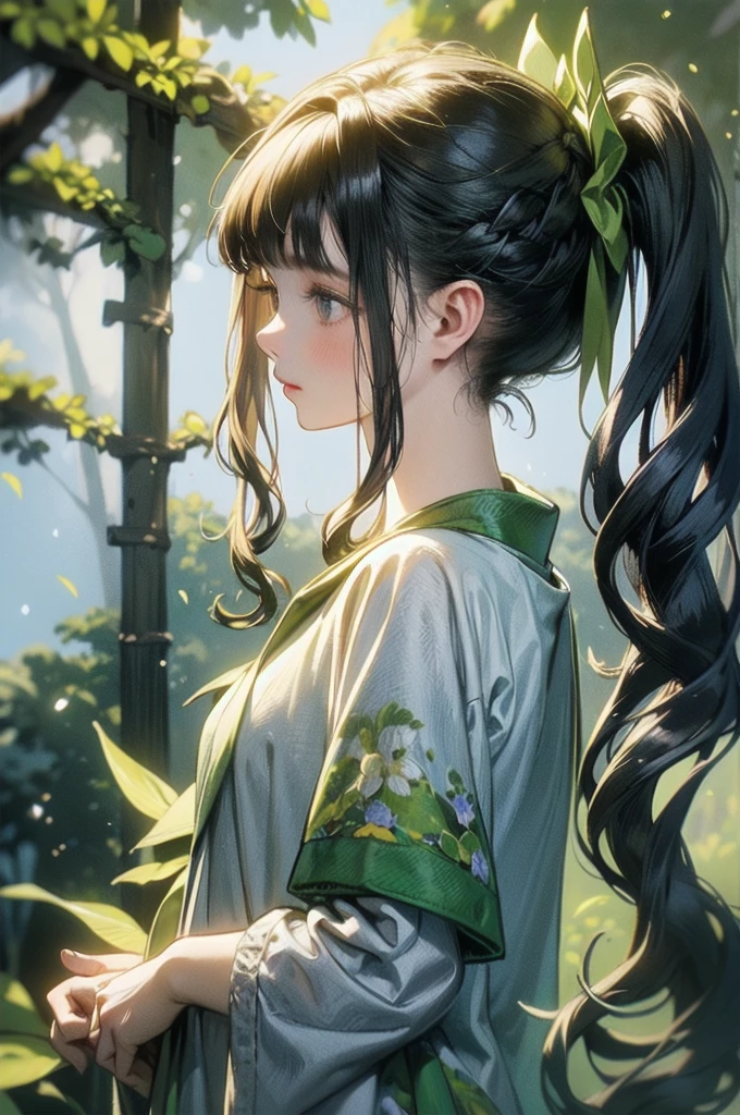 Create an illustration of a young woman standing in a mystical forest during twilight. The woman has long, wavy auburn hair that catches the soft, glowing light of surrounding fireflies. Her hair is adorned with a delicate blue ribbon and a braid intertwined within it. She wears a flowing white dress with blue floral patterns, which gently sways with the evening breeze.The forest around her is lush and verdant, with tall trees and dense foliage, creating a serene and enchanting atmosphere. Small blue butterflies and ethereal fireflies illuminate the scene with their soft, luminescent glow. The background hints at the deep woods, with shadows playing around, adding depth and a sense of mystery.The woman's expression is serene, and she seems lost in thought, her profile highlighted by the gentle, magical light. The overall mood of the illustration is one of peaceful contemplation and otherworldly beauty.