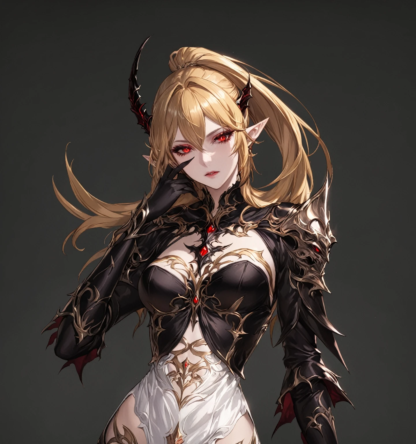 masterpiece, best quality, good quality, Highly detailed, shadowverse style, female, elf, golden hair, red eyes, demonic, adult, black eyeshadow