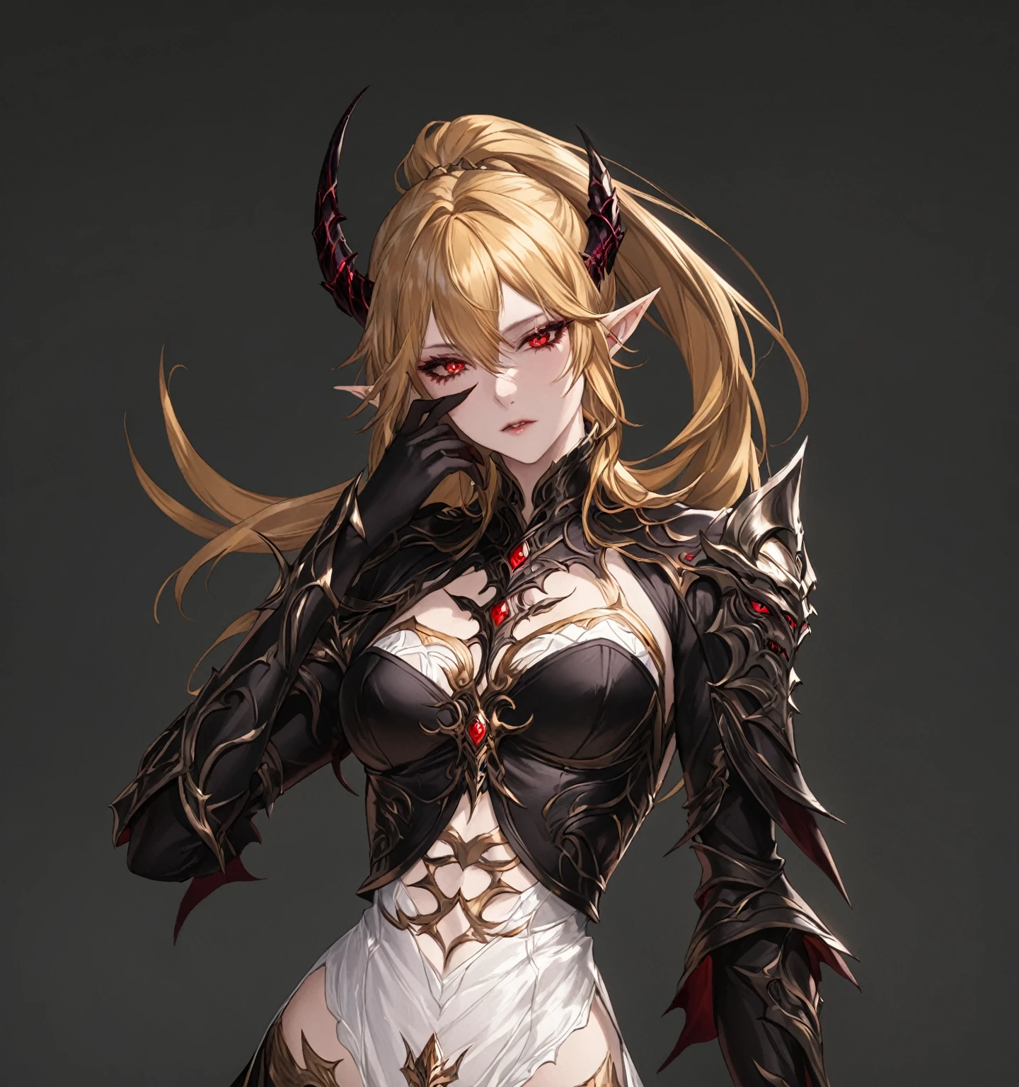masterpiece, best quality, good quality, Highly detailed, shadowverse style, female, elf, golden hair, red eyes, demonic, adult, black eyeshadow