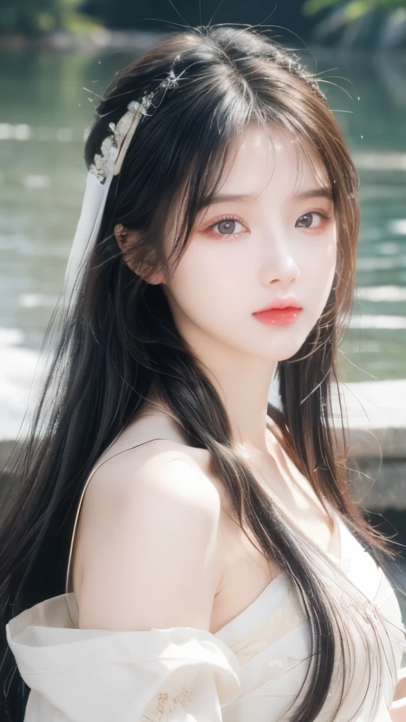 masterpiece, best quality, Official Art, 8k wallpaper, Very detailed, illustration, 1 girl, Long hair, Exquisite eyes, Bare shoulders, Hanfu, lake, pure, Gentle smile,Skin as white as snow,Exquisite facial features,Especially the bright eyes。Her face shape is usually oval,Ancient Chinese beauties,Gorgeous makeup,Hanfu