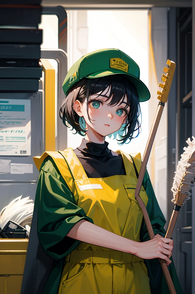 [[[[[1 woman]]]]] ultra closeup, Only the upper body is visible, portrait, 1 woman, Janitor concept, janitor clothes, wearing a green jumpsuit, clothes without patterns, hat, hatted, looks boring, holding a mop, holding a mop