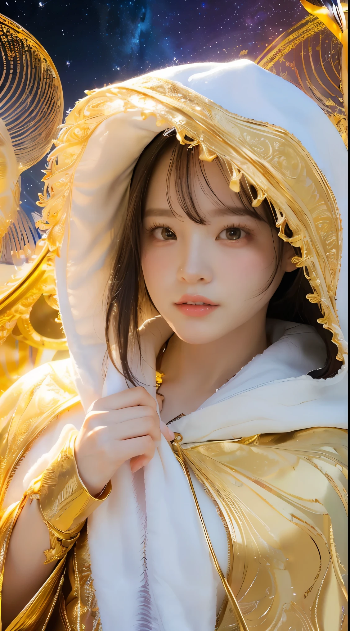 (masterpiece, highest quality, highest quality, official art, beautiful and aesthetic:1.2), (1 girl), very detailed, (fractal art:1.3), colorful, most detailed, perfect face, Upper body, HDR, (pray:1.3), (Golden lines in a white cloak:1.2), Milky Way, (stripes of light), impressive visuals, (dynamic streak, path of light:1.2), Bright colors,