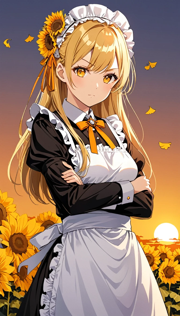 1girl, apron, blonde hair, bow, breast hold, breasts, brooch, closed mouth, crossed arms, dress, dusk, enmaided, evening, frown, ginkgo leaf, gradient, gradient background, long hair, long sleeves, looking at viewer, maid, maid apron, maid headdress, medium breasts, orange background, orange sky, orange theme, ribbon, solo, sunflower, sunset, v-shaped eyebrows, white apron, yellow background, yellow sky, yellow theme
