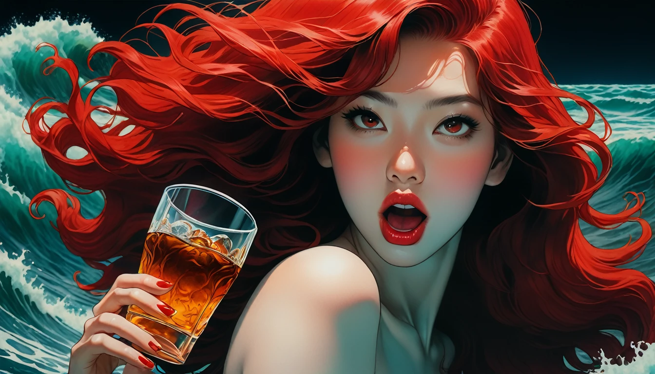 An illustration、art、80s Thai horror movie poster, Supervised by Junji Ito、(Raging Sea:1.2)、expensive 、Attention to detail, Realistic Shadows、Analog Style, chromatic aberration, Surrealism、Complementary Gradient、Red-haired mermaid drinking whiskey straight