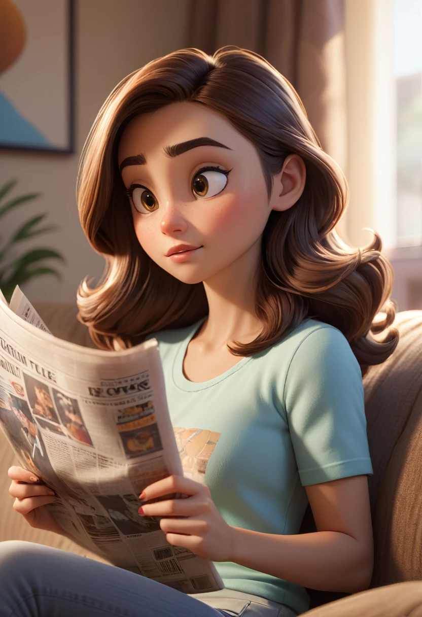 a beautiful muscular young girl sitting on a couch, reading a newspaper, holding a cup of coffee, closeup, Pixar style, hyper realistic, 4k, highly detailed, cinematic lighting, warm color tones, photorealistic, sharp focus, ultra-detailed, masterpiece