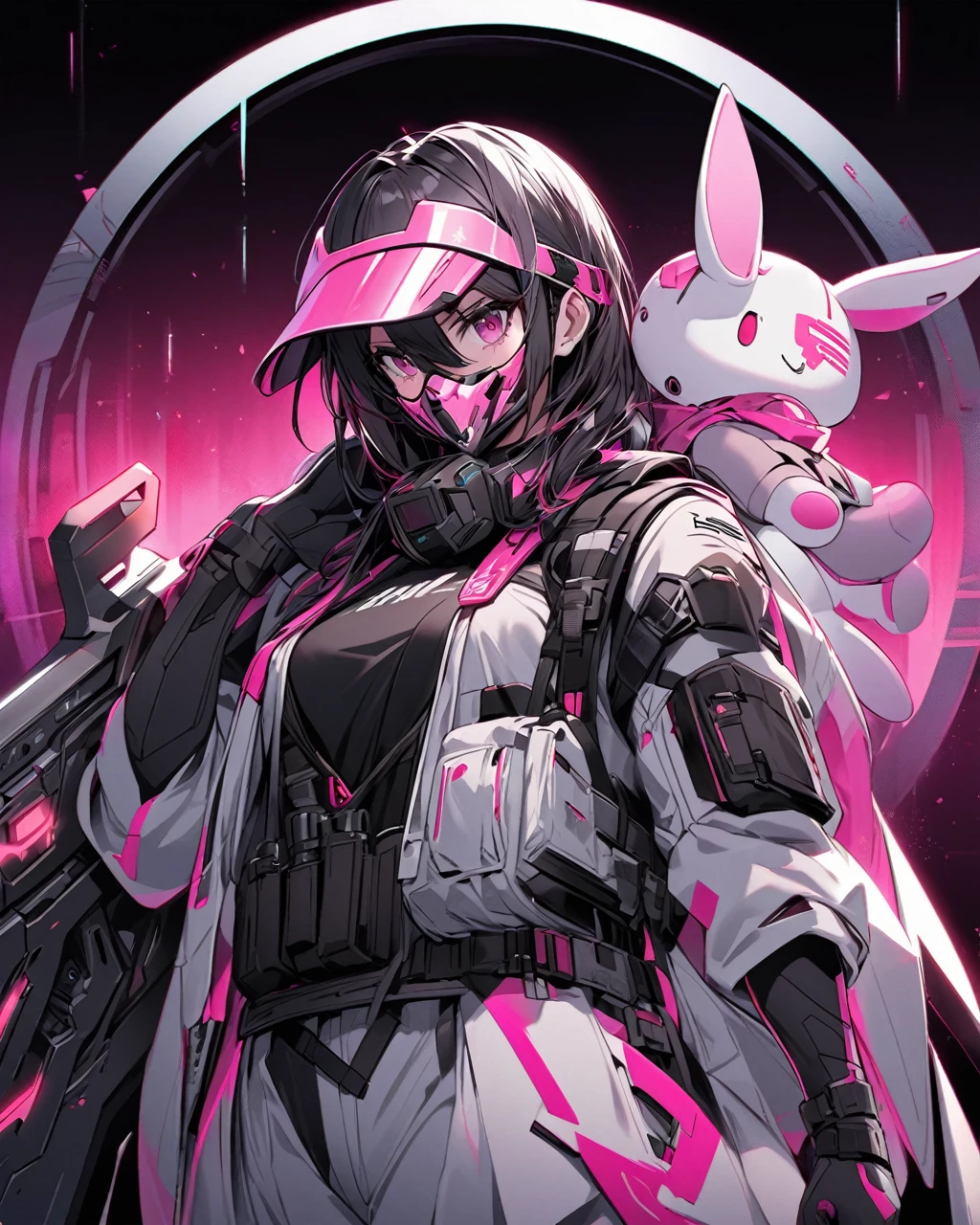 "Create an anime-style character illustration. The character is a futuristic hunter wearing dark, high-tech, and tactical clothing with pink accents. The character has a mask with a pink visor and holds a large, oversized futuristic weapon over their shoulder. The weapon is highly detailed with a black, red, and white color scheme. The character also holds a plush pink bunny by its ear in their left hand. The background is a gradient from dark to light gray."