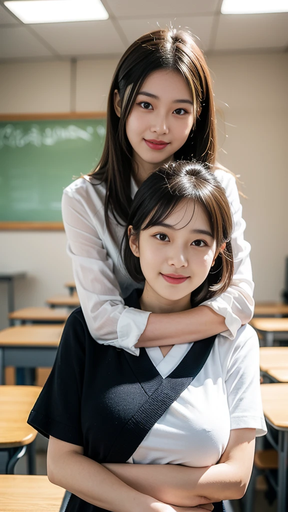 Masterpiece, Ultra-detailed face, realistic, One japanese old man, one young korean girl, old man 40 years old, black bushy mustache, huge smile, standing and hugging, hug young girl, young korean girl 20 years old, beautiful girl, skinny body, black short hair, large breast, blue school uniform, blushed, embarrassed expression, on classroom