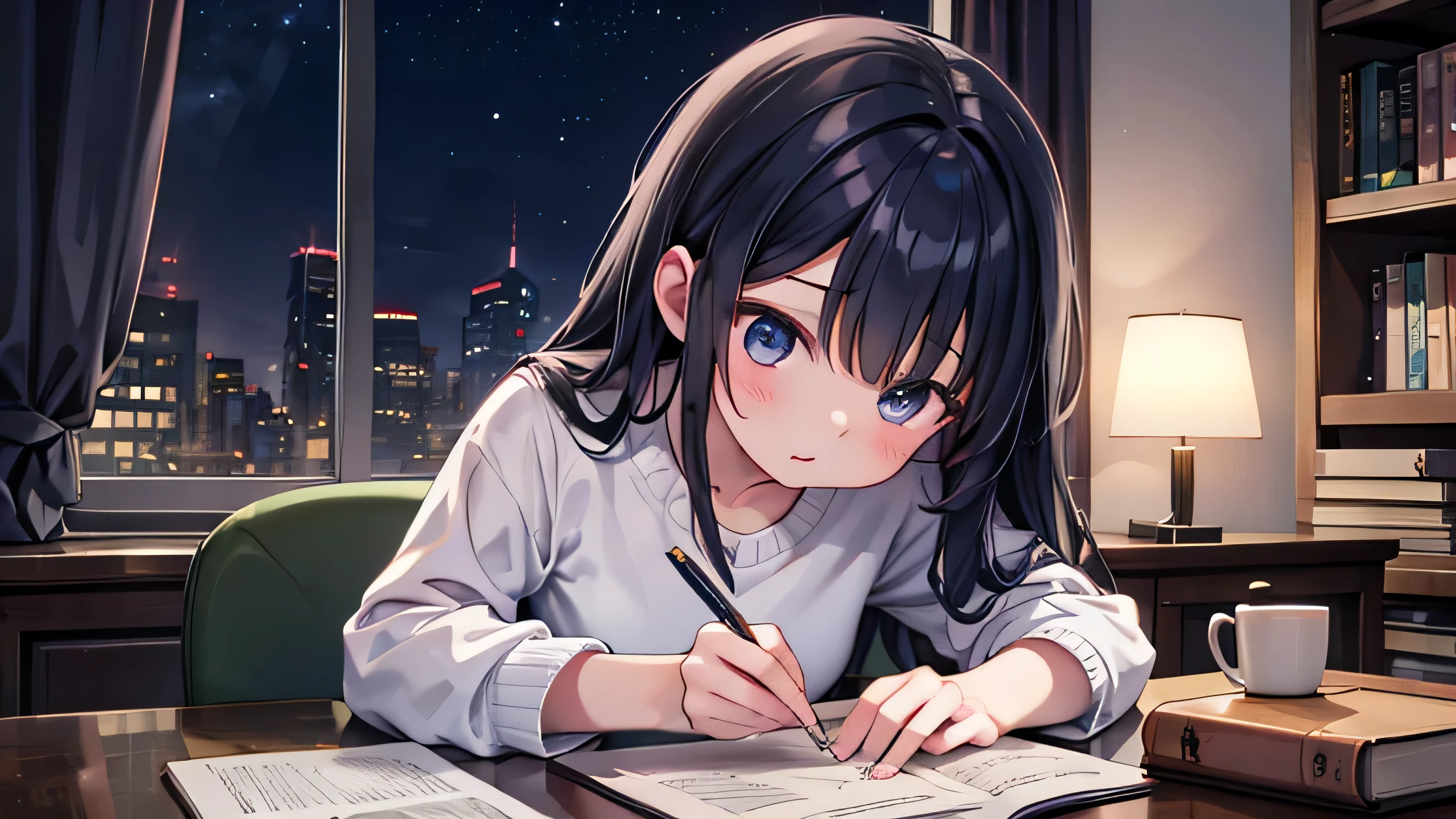 Girl studying at home at night