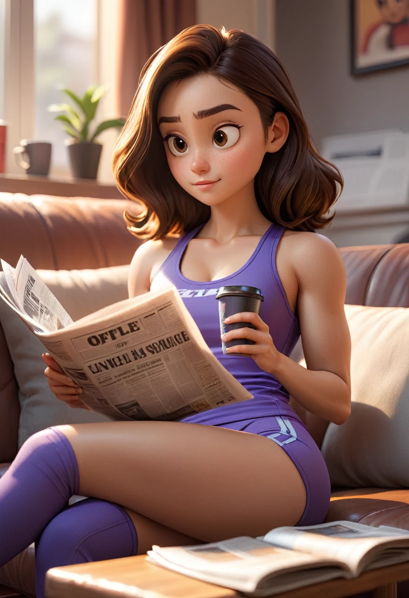 a beautiful muscular young girl sitting on a couch in her gym outfit, reading a newspaper, holding a cup of coffee, closeup, Pixar style, hyper realistic, 4k, highly detailed, cinematic lighting, warm color tones, photorealistic, sharp focus, ultra-detailed, masterpiece