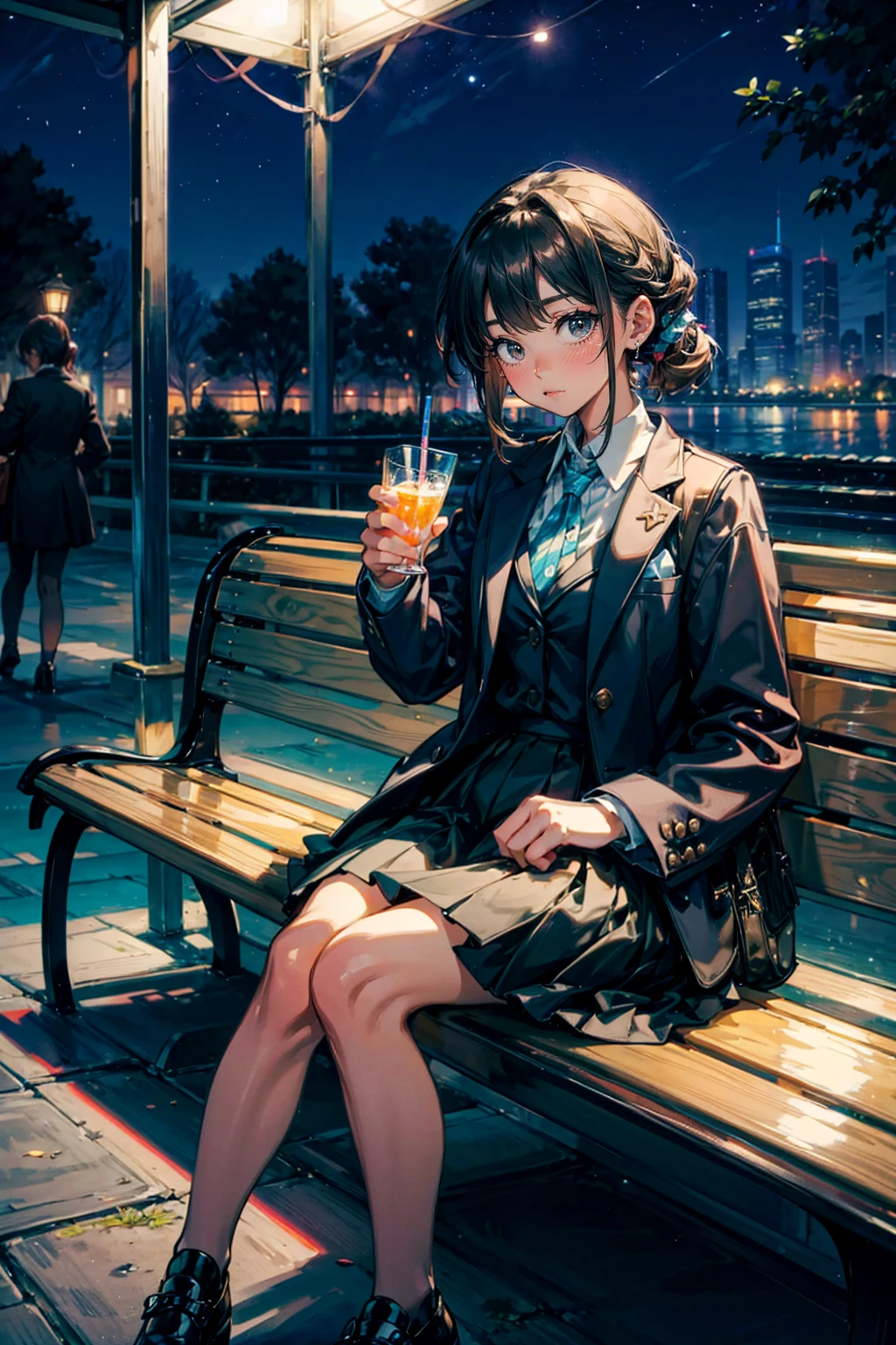 1girl,solo,cute,suits and skirt,at night,in park,sitting a bench,woddy bench,drink a soda,hold a glass