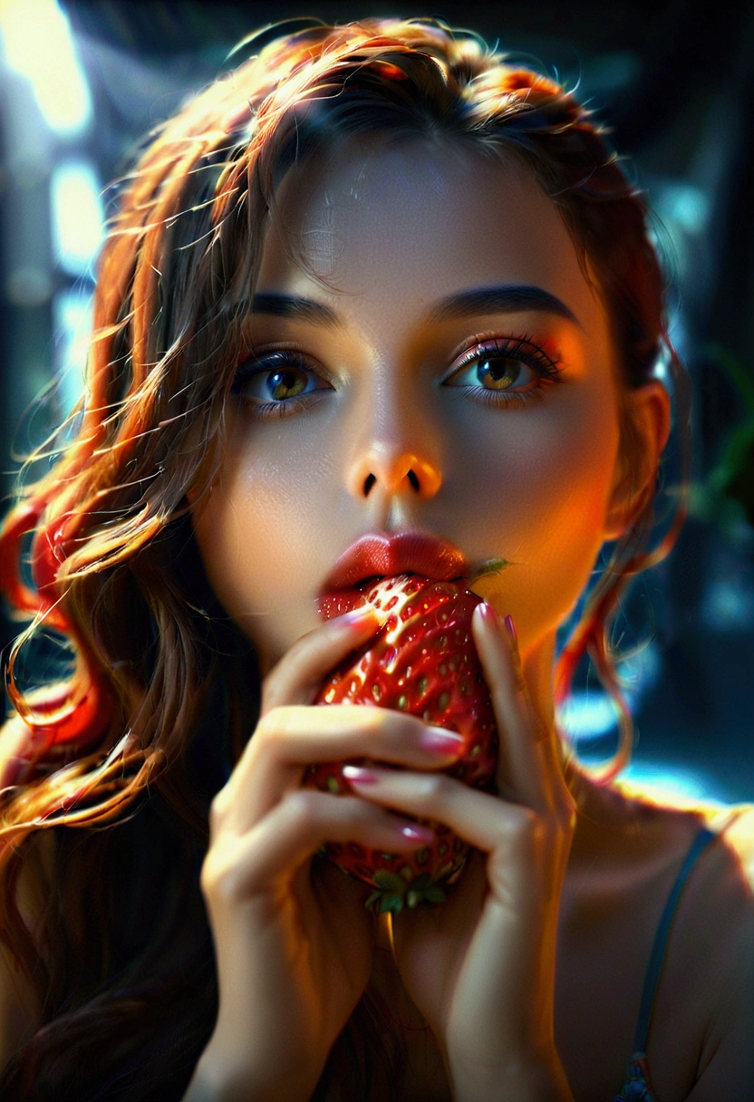 Beautiful mature woman holding a strawberry between her lips