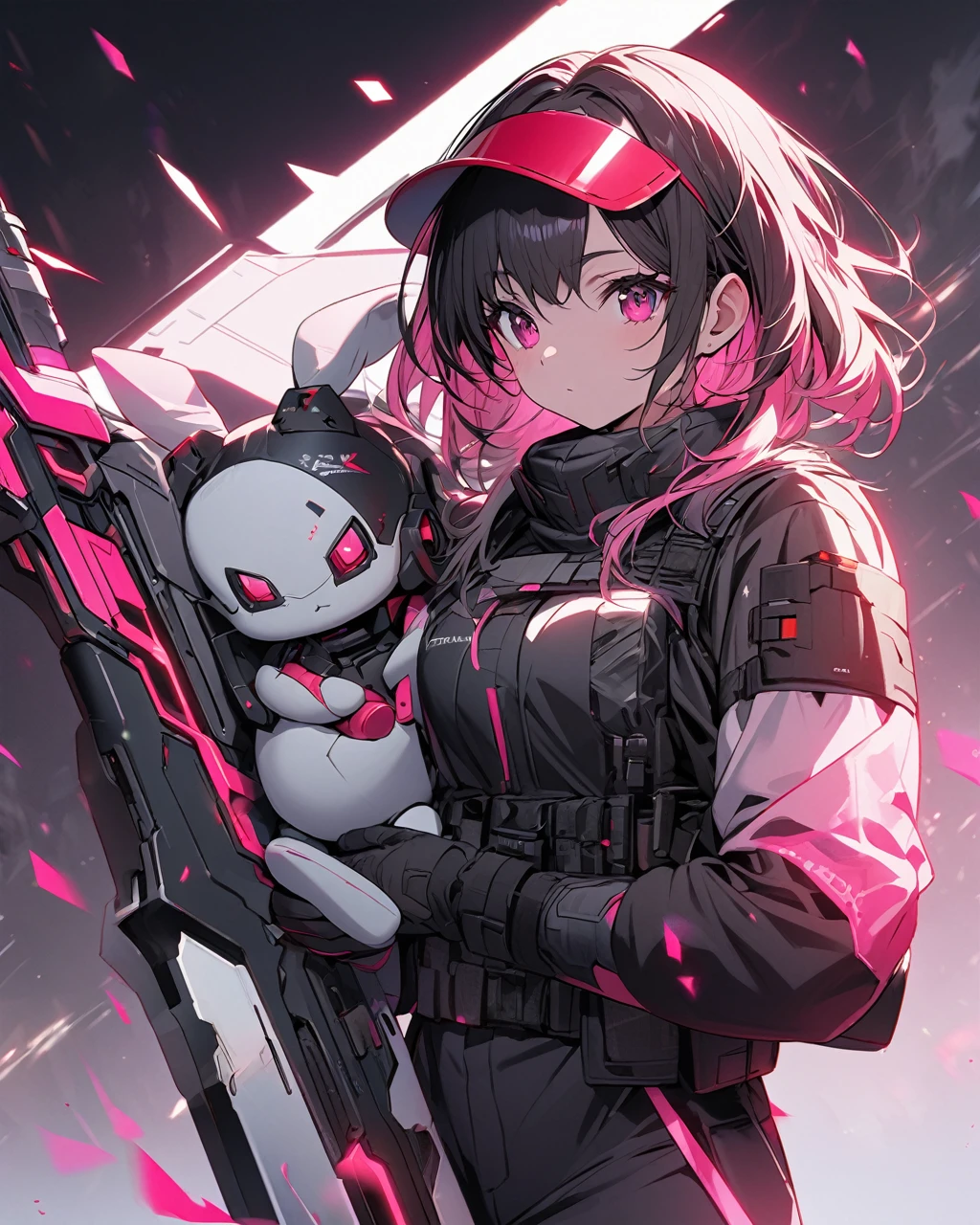 "Create an anime-style character illustration. The character is a futuristic hunter wearing dark, high-tech, and tactical clothing with pink accents. The character has a mask with a red visor and holds a large, oversized futuristic weapon over their shoulder. The weapon is highly detailed with a black, red, and white color scheme. The character also holds a plush pink bunny by its ear in their left hand. The background is a gradient from dark to light gray."