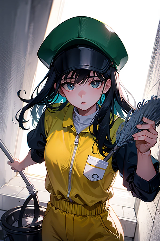 [[[[[1 woman]]]]] ultra closeup, Only the upper body is visible, portrait, 1 woman, Janitor concept, janitor clothes, jumpsuit, clothes without green patterns, hat, hatted, looks boring, holding a mop