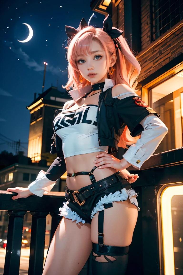 masterpiece, best quality, ultra-detailed, extremely detailed,illustration, 1girl, nicole demara, hair ribbon, hairclip, earrings, black collar, tube top, single thighhigh, short shorts, cropped jacket, belt, thigh strap, detached sleeves, doll, standing, hand on hip, cowboy shot, night street, moon 