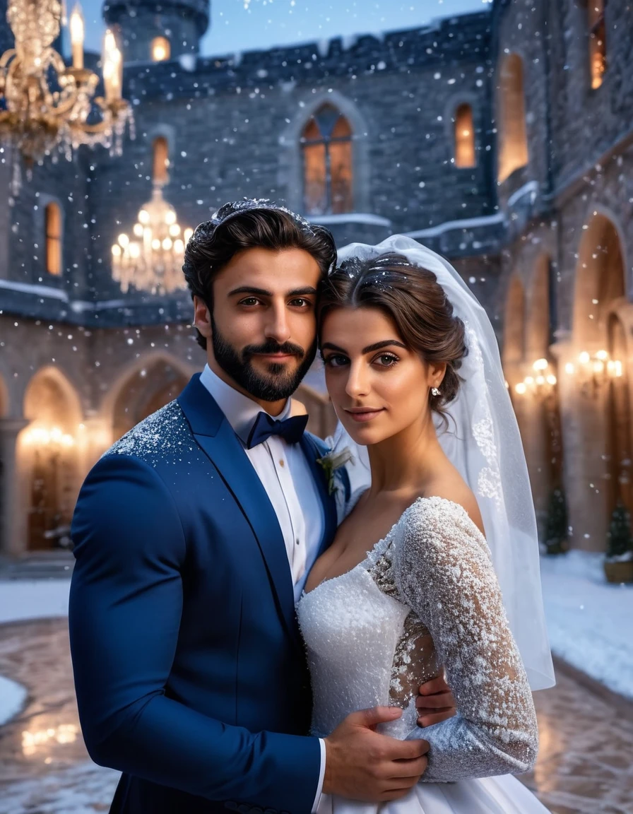 (fullbody photo:2.0) of two spouses: (a 25-year-old iranian woman, brown skin, triangular shaped face, brown eyes, long wavy hair, dark brown hair, busty, wearing a white winter wedding dress, long sleeved dress), dancing (a 28-year-old iranian man, brown skin, jawline, square jaw, short full beard, brown eyes, short hair, dark brown hair, muscular, fit body, wearing a blue groom suit, dark blue bow tie), in a ballroom of an enchanted castle, it's snowing outside, (8k, photorealistic, RAW photo, best quality:1.4),