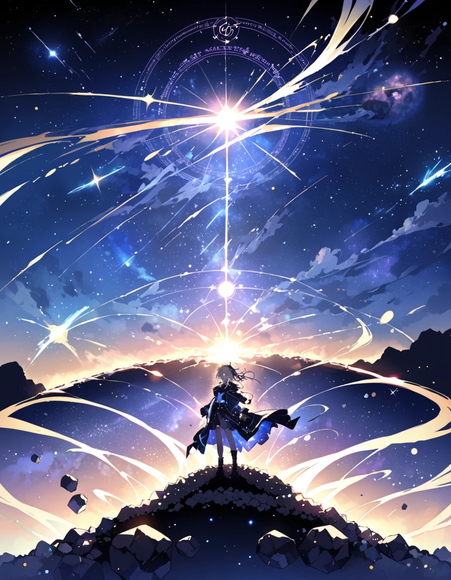 masterpiece、background((梦幻般的Starry Sky、gravel,universe、Magic Circle,Single focus,Bright, Starry Sky, meteor,Thunder magic,))、站在gravel上,Overlooking