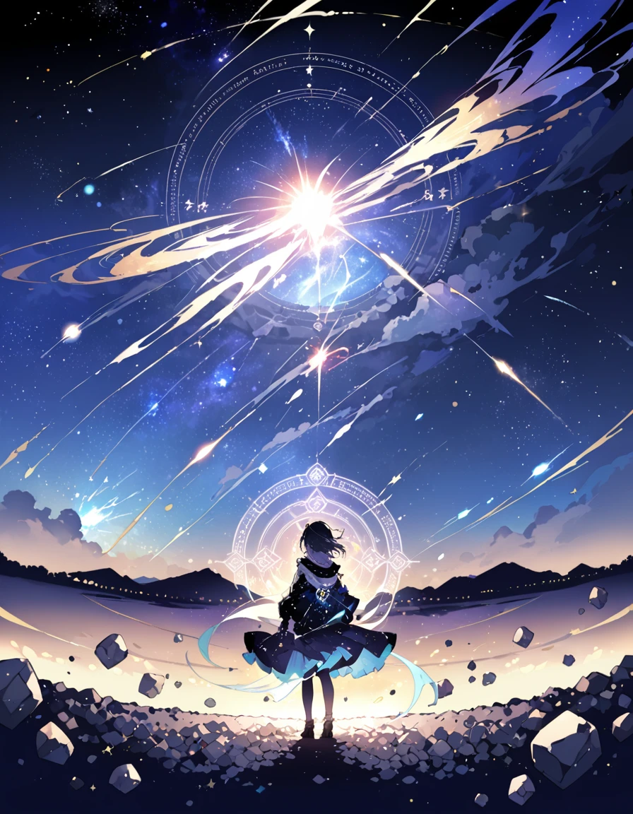 masterpiece、background((梦幻般的Starry Sky、gravel,universe、Magic Circle,Single focus,Bright, Starry Sky, meteor,Thunder magic,))、站在gravel上,Overlooking