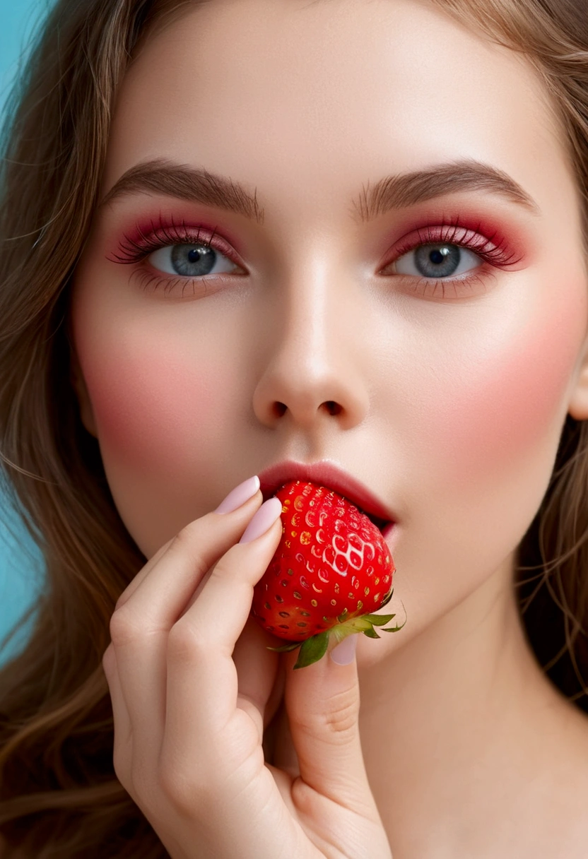 Beautiful mature woman holding a strawberry between her lips