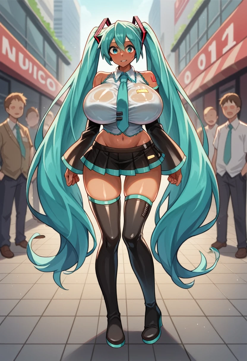 masterpiece, high quality, detailed eyes,
1girl, (hatsune miku:1.1), aqua hair, aqua eyes, ( huge breasts:1.0), glistened skin ,tall, leggy,long legs,dark skin,oiled skin, shiny skin, navel, skirt, shirt, tie, public, thigh high boots,