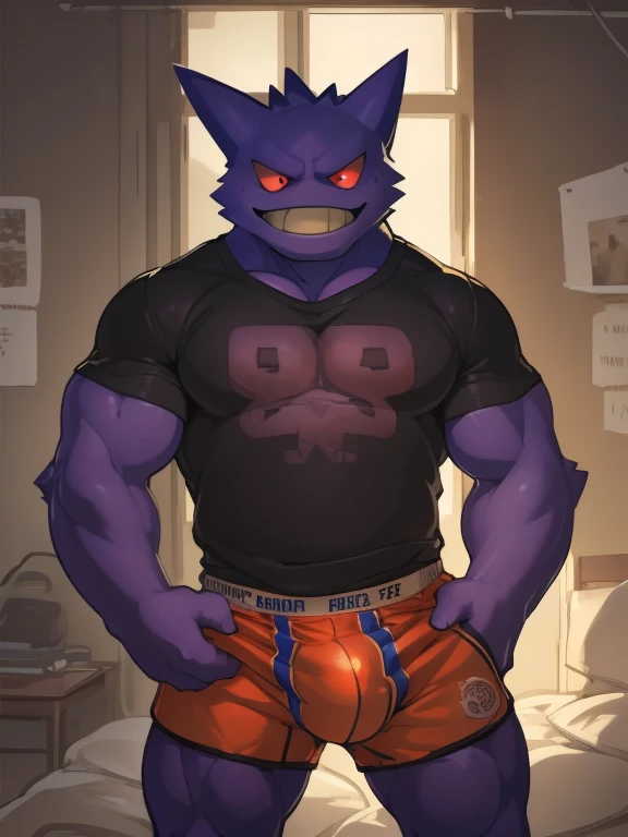 Gengar, purple body, red eyes, (clothed), (t-shirt), detailed background, indoor, room, bed, bara, nsfw, detailed bulge, gigantic cock, Boxer shorts, huge, bara, muscles, inviting you to fuck, bed eyes, giant, huge, intimidating, 
 [by canyne khai, by takemoto arashi, by null-ghost, by kiyosan, by milkytiger1145]