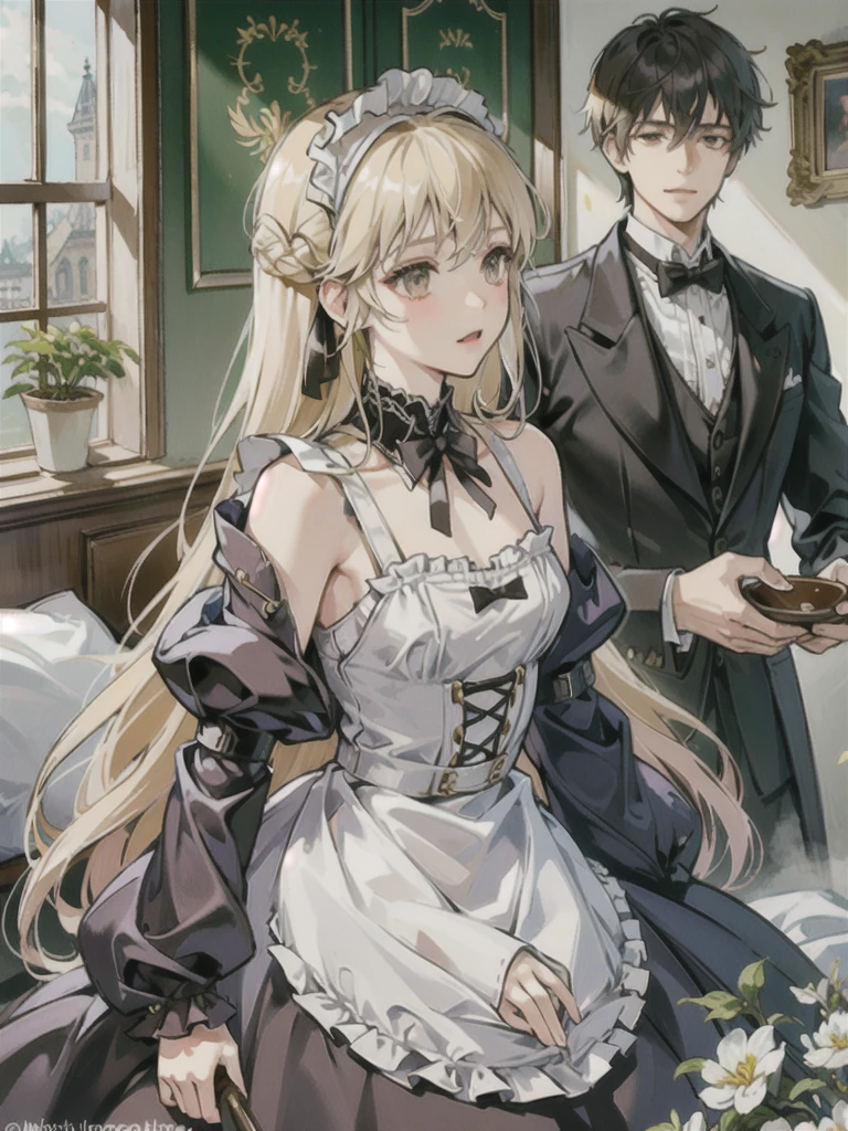 Masterpiece, best quality, Highly detailed, height, HDR,, Shobit, What is, no feelings,, 1 girl, alone, smooth, bare shoulders, chest, brown eyes, clamp (circle) (style), Platinum blonde hair, My hair is very long., Robot Ear, small chest, Hair Tube,, maid, maid headdress, maid apron, victorian maid, maid dress,, mksks style, beautiful background, Detailed background, professional lightning, mansion, indoor, gold ornament, gold, gold effects,