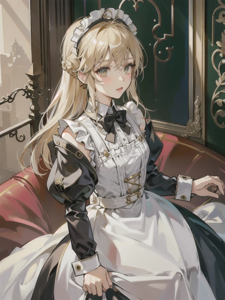 Masterpiece, best quality, Highly detailed, height, HDR,, Shobit, What is, no feelings,, 1 girl, alone, smooth, bare shoulders, chest, brown eyes, clamp (circle) (style), Platinum blonde hair, My hair is very long., Robot Ear, small chest, Hair Tube,, maid, maid headdress, maid apron, victorian maid, maid dress,, mksks style, beautiful background, Detailed background, professional lightning, mansion, indoor, gold ornament, gold, gold effects,