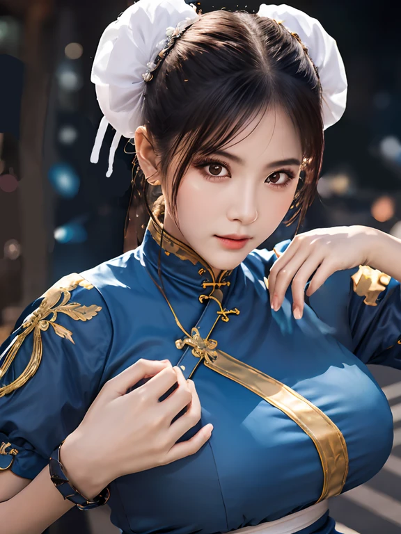 Highest quality, 8k, Ultra-detailed, Photorealistic, Beautiful Face, One Girl、solo、Chunli、Upper body、Beautiful night city background, A sharp face