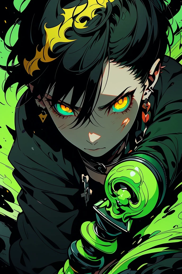 "Powerful anime character with short straight black hair, yellow eyes, wearing a green clip in her hair, holding a large corrupted sword in her hand, in a dark, action pose, surrounded by swirling dark flames."