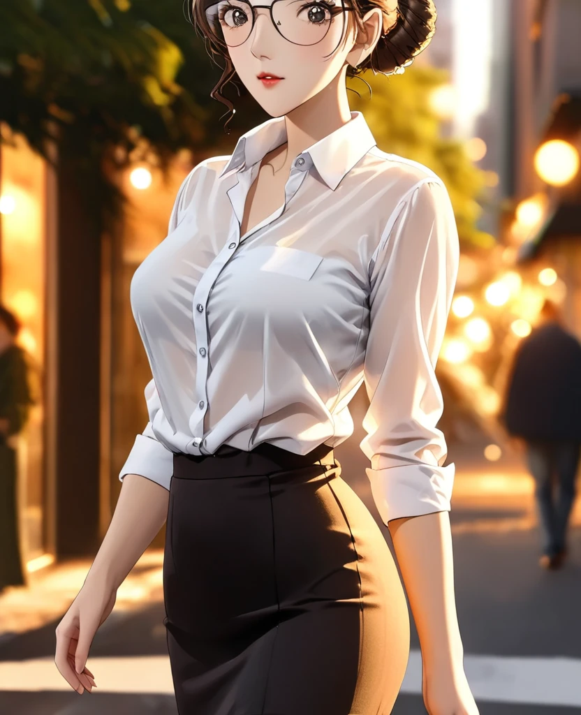 8K, high resolution, detailed face, perfect body,super high quality, absurdres, ultra detailed, Kisaki eri, mature woman, perfect body, (brown hair), (messy bun hair), on the streets, walking, sunlight, volumetric lighting, bokeh, ((tight skirt)) ((white shirt)) (open shirt) , wearing glasses, close-up photo