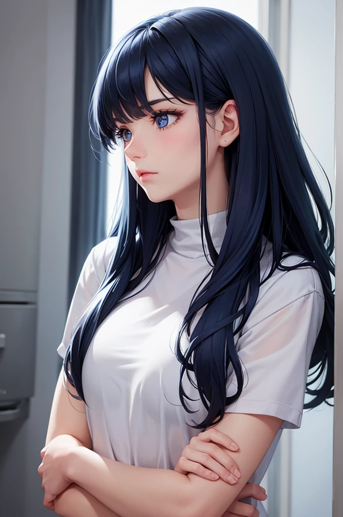 Female, looks kind, soft feature, navy blue hair colour, blue eyed, looks some what annoying but still kind, a hardheaded